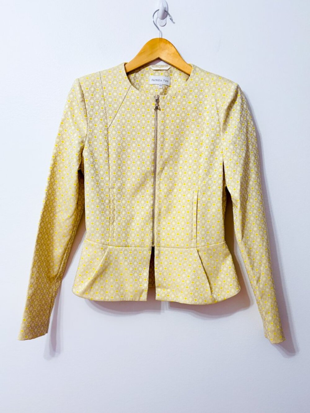 PATRIZIA PEPE Cream Yellow Geometric Peplum Zip Front Blazer Size 44 IT